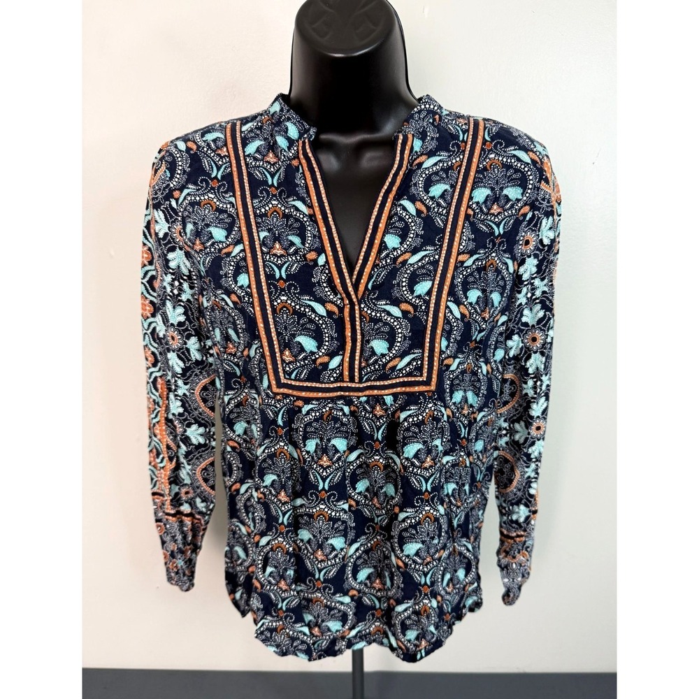 Ann Taylor Loft Rayon Split Neck Bohemian Print Women's Top XSP Peasant